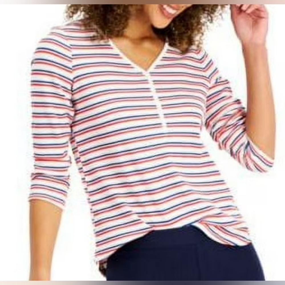 Style & Co, Blue & Red Pinstripe, Waffle-Knit, Henley Shirt, Size 1X